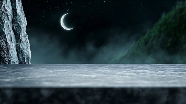 Serene Night Landscape with Moonlight Over Calm Water and Misty Forest Background photo