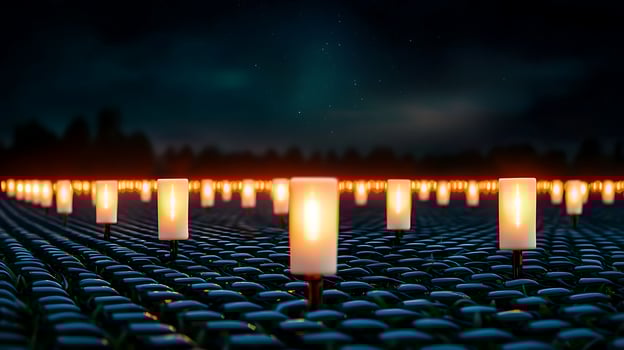 Serene night scene of glowing lanterns illuminating a tranquil outdoor setting with stars photo