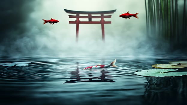 Serene pond with koi fish, foggy background, red torii gate, and bamboo, creating a tranquil atmosphere photo