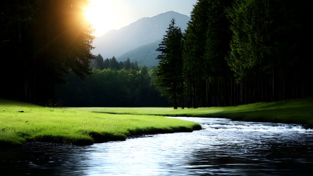 Serene river flowing through lush green forest with mountains in the background at sunset photo