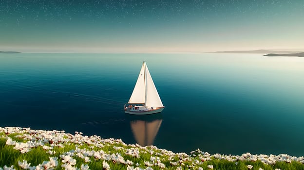 Serene sailboat gliding across calm waters with floral landscape under starry sky photo
