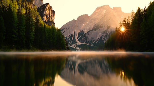 Serene sunrise over tranquil lake with mountains and lush forests reflecting in the water photo