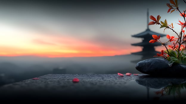Serene sunset view of a traditional pagoda surrounded by vibrant autumn leaves and tranquil scenery photo