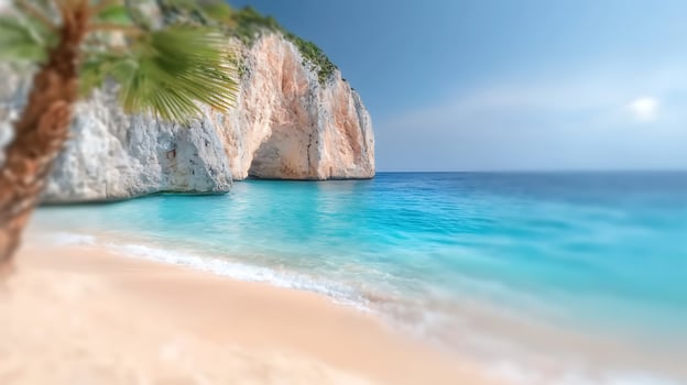 Serene tropical beach with turquoise waters, palm trees, and cliffs under a clear sky photo