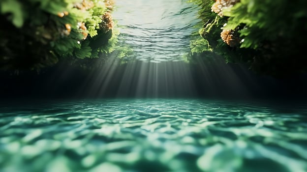 Serene underwater scene with sunlight filtering through foliage, creating a tranquil atmosphere photo
