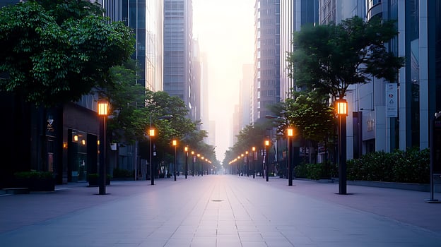 Serene urban street at dawn with lined lanterns and greenery, showcasing a tranquil city atmosphere photo