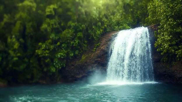 Serene waterfall cascading into a tranquil pool, surrounded by lush greenery and vibrant foliage photo