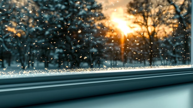 Serene winter sunset viewed through a frosted window, highlighting snowflakes and trees outside photo