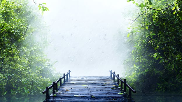 Serene wooden bridge leading into a misty forest during a gentle rain, evoking tranquility photo