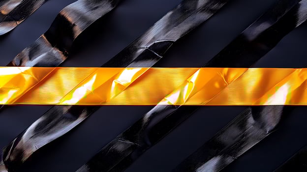 Shiny golden ribbon intertwined with black ribbons on a dark background, creating a festive atmosphere photo