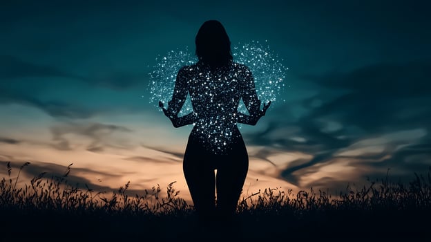 Silhouette of a woman holding glowing particles against a sunset sky, evoking a sense of wonder photo
