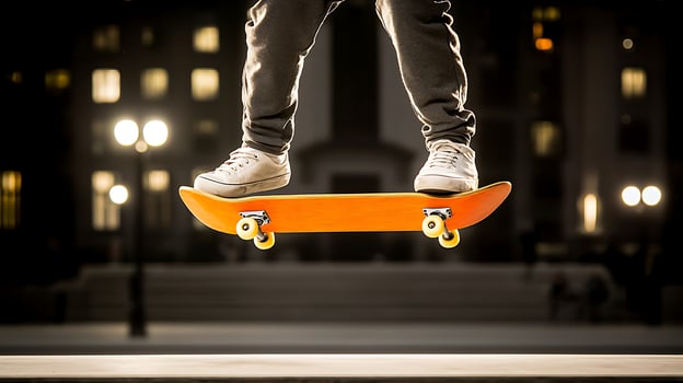 Skateboarder performing a trick at night in a city park with illuminated lampposts photo
