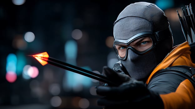 Skilled archer aiming a glowing arrow in a futuristic urban environment at night photo