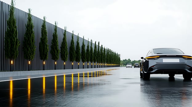 Sleek electric cars driving along a rain-soaked road lined with modern trees and reflective surfaces photo