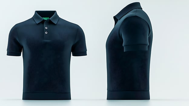Sleek navy polo shirt displayed from multiple angles on a clean, minimalist background photo