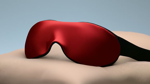 Sleek red sleep mask resting on a soft surface, ideal for relaxation and sleep enhancement photo