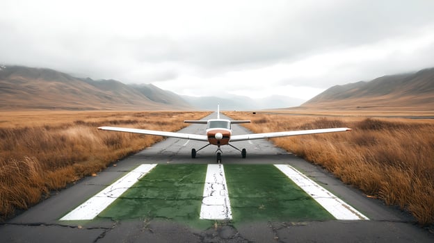 Small aircraft on a runway surrounded by grassy fields and mountains under a cloudy sky photo