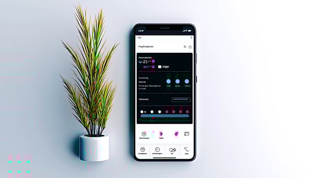Smartphone displaying a modern app interface beside a potted plant on a clean surface photo