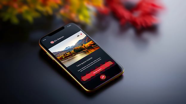 Smartphone displaying a scenic autumn landscape with vibrant foliage and serene water reflections photo