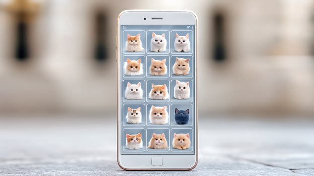 Smartphone displaying a grid of cute cat avatars against a blurred urban background photo