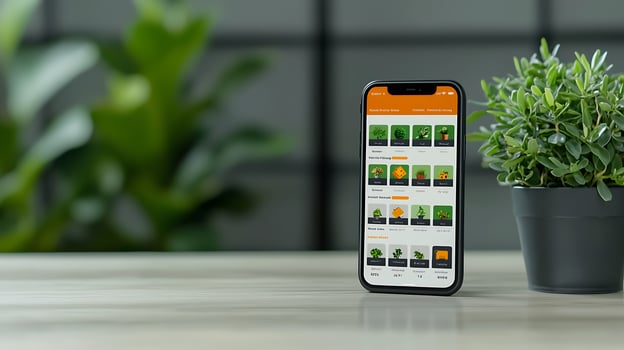 Smartphone displaying plant care app on a table with greenery in the background photo