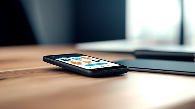 Smartphone on a wooden desk displaying colorful app icons with a blurred background of office space photo