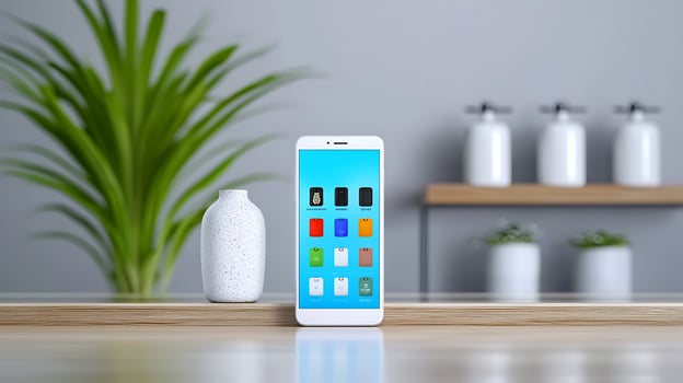 Smartphone on a wooden table with a plant and decorative items in a modern interior setting photo