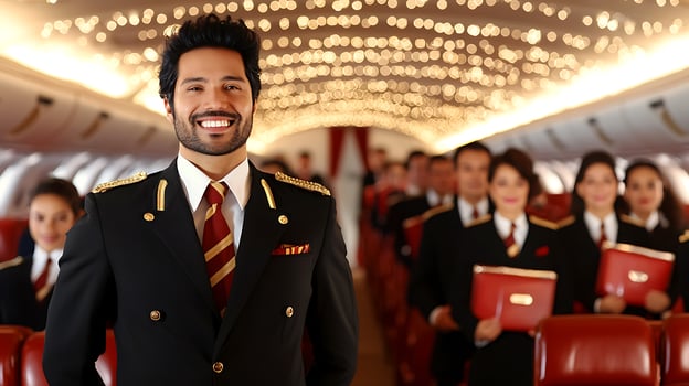 Smiling flight crew member standing confidently in a beautifully lit airplane cabin with colleagues photo