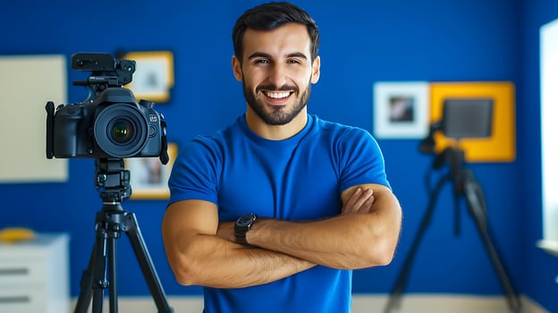 Smiling man in blue shirt poses confidently with camera in a modern, vibrant studio setting photo