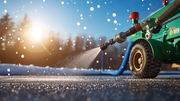 Snow removal equipment spraying water on a frozen surface during sunset in winter photo