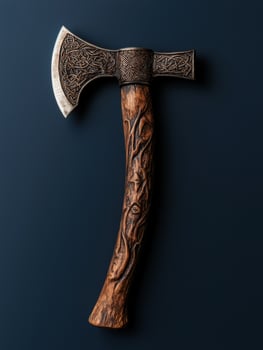 A decorative battle axe with intricate carvings photo