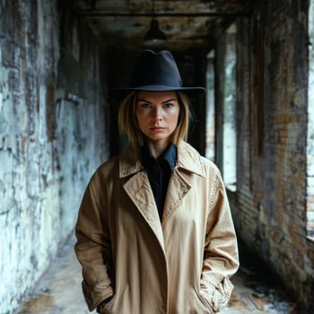 A woman in a trench coat and hat stands in a hallway photo