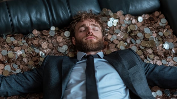 A businessman relaxes in a pile of money photo