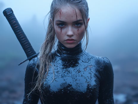 A wet, determined woman with a sword stands ready in a misty landscape photo