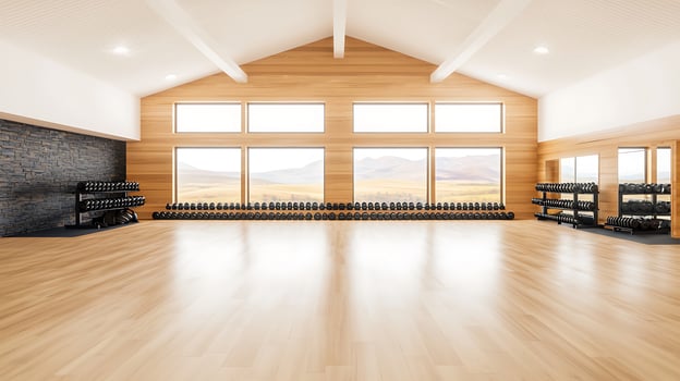 Spacious modern gym interior with wooden accents, large windows, and exercise equipment neatly arranged photo