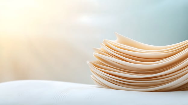 Stacked soft sheets resting on a smooth surface, illuminated by gentle sunlight in the background photo