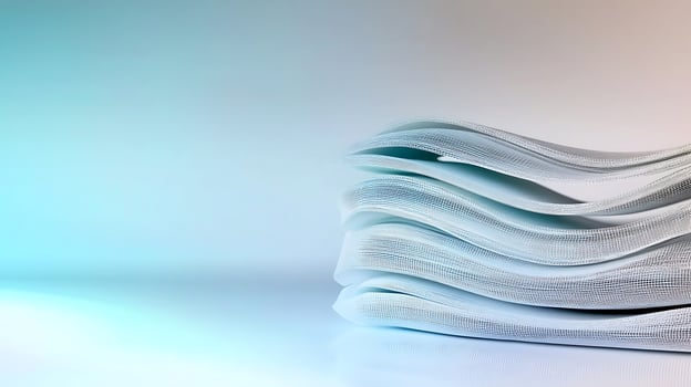 Stacked white paper sheets with soft blue lighting, creating a serene and minimalistic backdrop photo