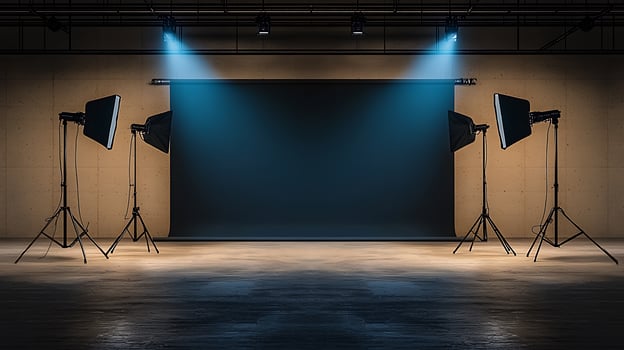 Studio setup with softbox lights illuminating a dark backdrop, ideal for photography sessions photo