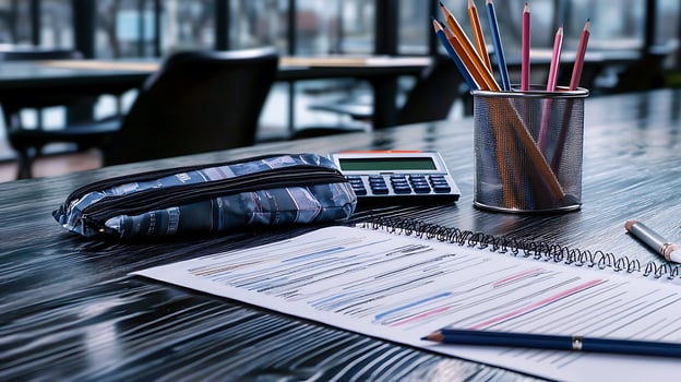 Study materials and stationery arranged on a wooden table in a bright classroom setting photo