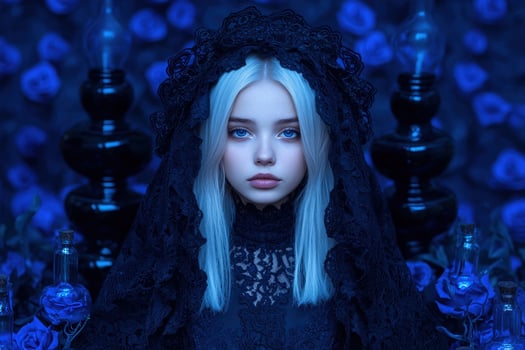 Woman in a dark lace veil with blue eyes and white hair photo