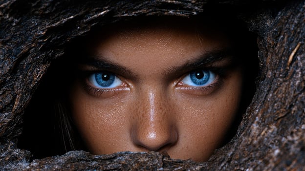 Intense close up of a persons face with striking blue eyes peering through a dark opening photo