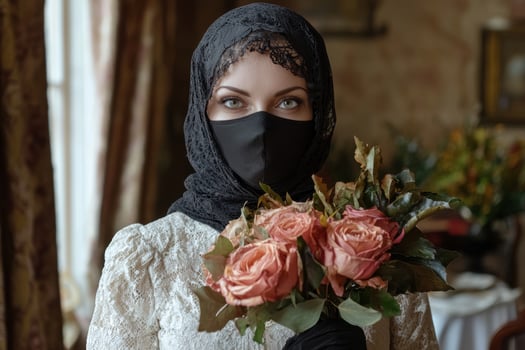Woman in a headscarf and face mask holding a bouquet of roses photo