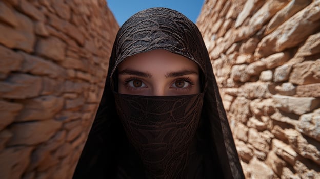 A woman wearing a traditional face covering in a desert environment photo