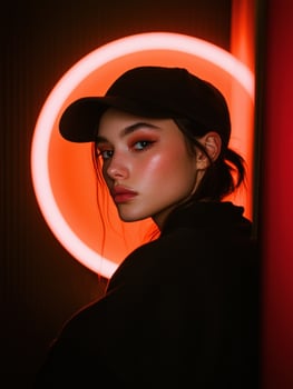A young woman with a baseball cap poses in front of a neon light photo