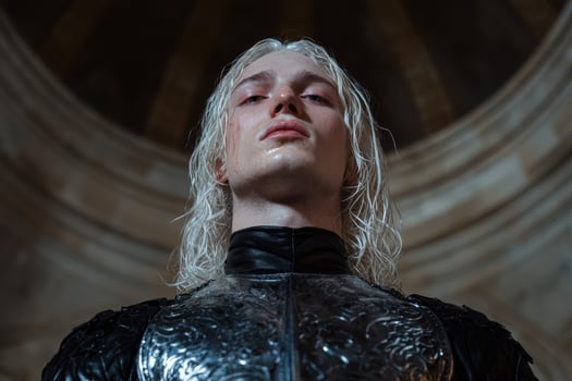 A pale warrior in ornate armor looks up photo