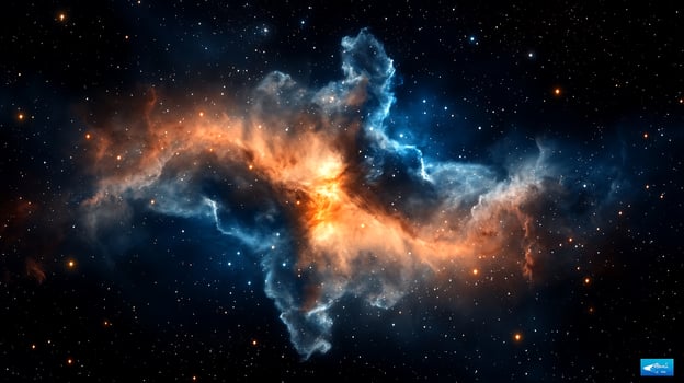 Stunning cosmic nebula with vibrant orange and blue hues surrounded by stars in deep space photo