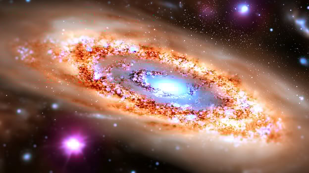 Stunning spiral galaxy illuminated by vibrant stars and cosmic dust in deep space photo