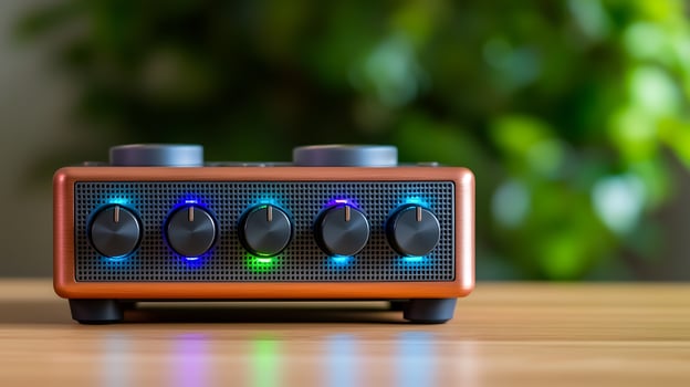 Stylish audio mixer with colorful LED lights on a wooden table, surrounded by greenery photo