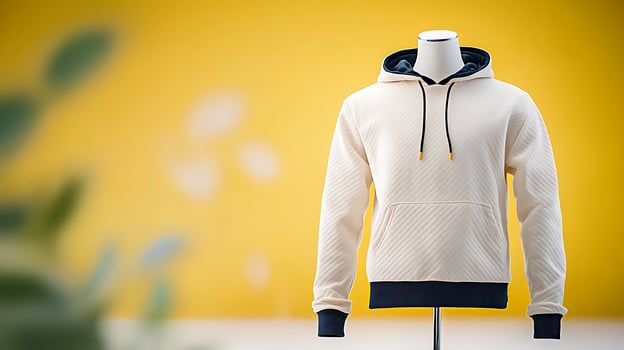 Stylish beige hoodie displayed on a mannequin against a vibrant yellow background photo