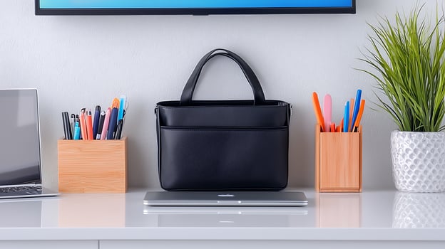 Stylish black handbag placed on a desk with stationery and a laptop, in a modern workspace photo